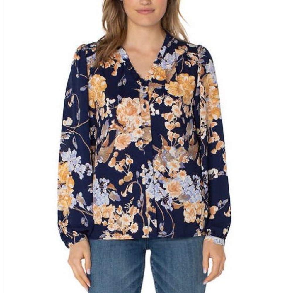 NWT Well Worn Women Long Sleeve V Neck Blouse Navy Floral Size 3X $60 4D040